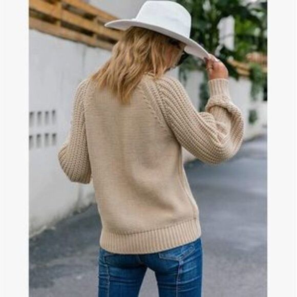 New Khaki Mock Neck Cable Knit Chunky Sweater - Picture 2 of 6